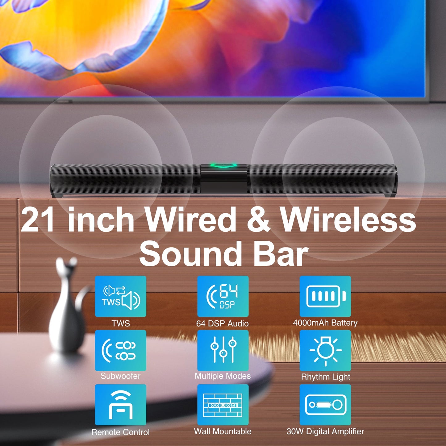 Sound Bar for TV, 21 inch 30W Soundbar with Built-in Subwoofers, Bluetooth 5.0 Wired & Wireless 3D Surround Sound Speakers Home Theater System for TV, AUX/RCA/USB Connection, Remote Control